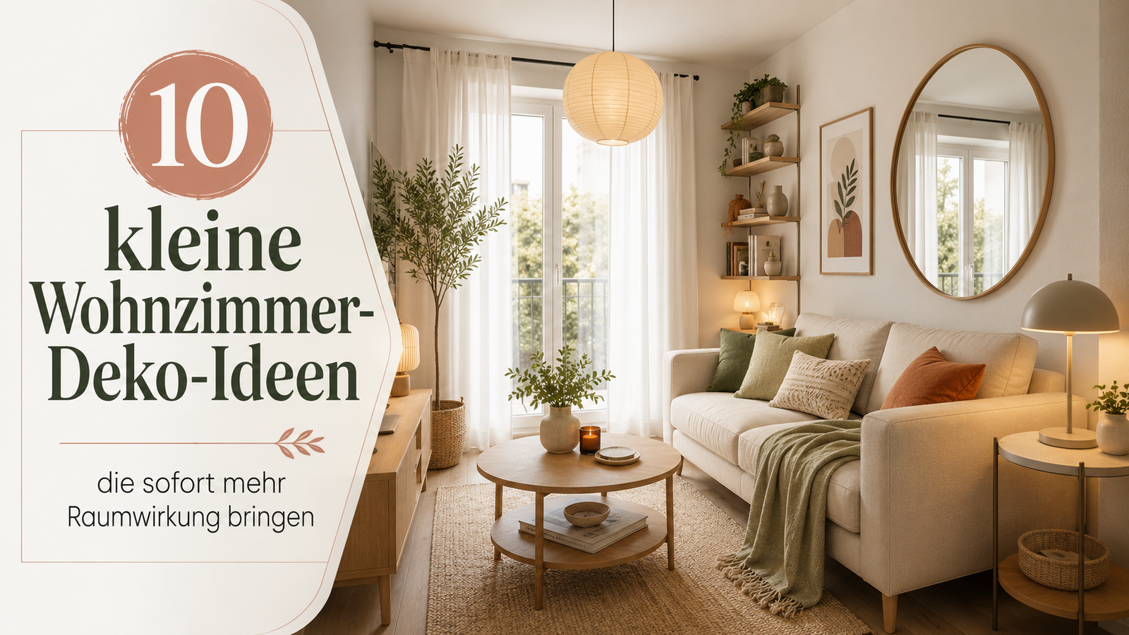 Helles kleines Wohnzimmer mit Spiegel, Pflanzen, hellem Sofa und platzsparender Dekoration für mehr Raumwirkung.
